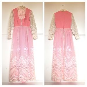 Vintage 70’s Pink Lace Peasant Maxi Dress Small Retro Hippy Prom Formal Feminine